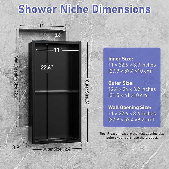 Shower Niche No Tile Needed, 12" X 24"(Inner Size 11"X22.6") Bathroom Niche for Shower Wall, Black Stainless Steel Shower Niche Insert for Bathroom, Recessed 2-Tier Wall Niche Shelf