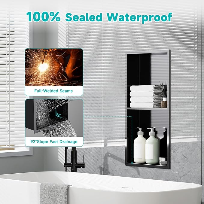 12" X 24" Stainless Steel Shower Niche with Partition, Black Double Shelves Recessed Shower Niche No Tile Needed for Bathroom/Bedroom Storage Over Mount Installation
