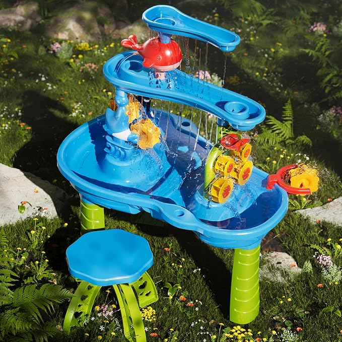3-Tier Kids Water Table for Toddlers Kids Ages 3-5 4-8, Summer Outdoor Water Table Beach Kids Toys, Toddler Sensory Activity Sand Box Play Set with Rain Showers Splash Pond for Boys Girls