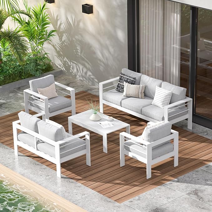 Wisteria Lane Aluminum Outdoor Patio Furniture Set, 7 Seats Modern Patio Conversation Sets, Outdoor Sectional Metal Sofa with 5 Inch Cushion and Coffee Table for Balcony, Garden, Light Grey