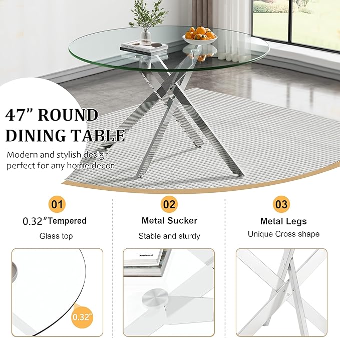 Goujxcy Round Dining Table Set for 4, Modern Glass Kitchen Table and Chairs Set of 4, 5 Piece Dining Room Table Set with 47" Circle Silver Metal Glass Dinner Table and 4 Grey Leather Dining Chairs