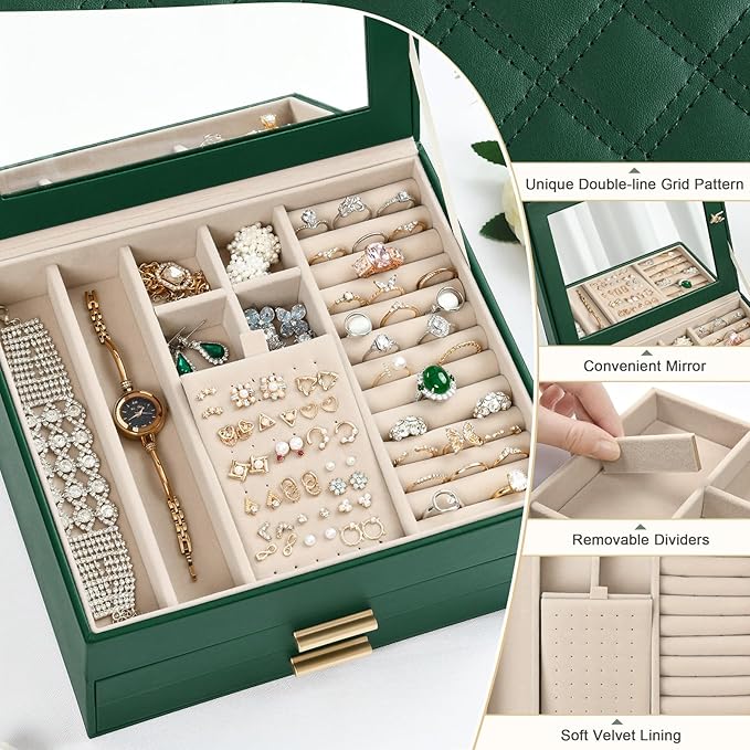 Amearea Jewelry Box Organizer for Women Girls with Mirror, 3-Layer Large Jewelry Storage Case, Synthetic Leather Jewelry Holder Organizer with Removable Tray for Necklaces Earrings Rings, Green
