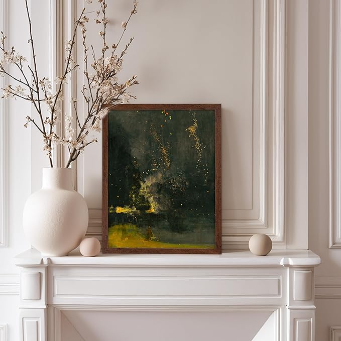 Poster Master Vintage Nocturne in Black and Gold Painting Poster - Retro The Falling Rocket Print - Abstract Art - Moody Art - Landscape Art - Office or Living Room Decor, 11x14 Brown Framed