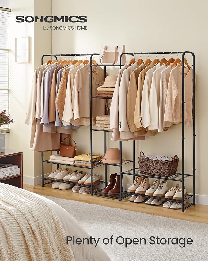 SONGMICS Wardrobe Closet, 72 Inch Large Portable Closet, Clothes Rack for Hanging Clothes,Heavy Duty Garment Rack, Storage Organizer with Shelves, 72 x 11.4 x 62.4 Inches, Black ULGR463B01