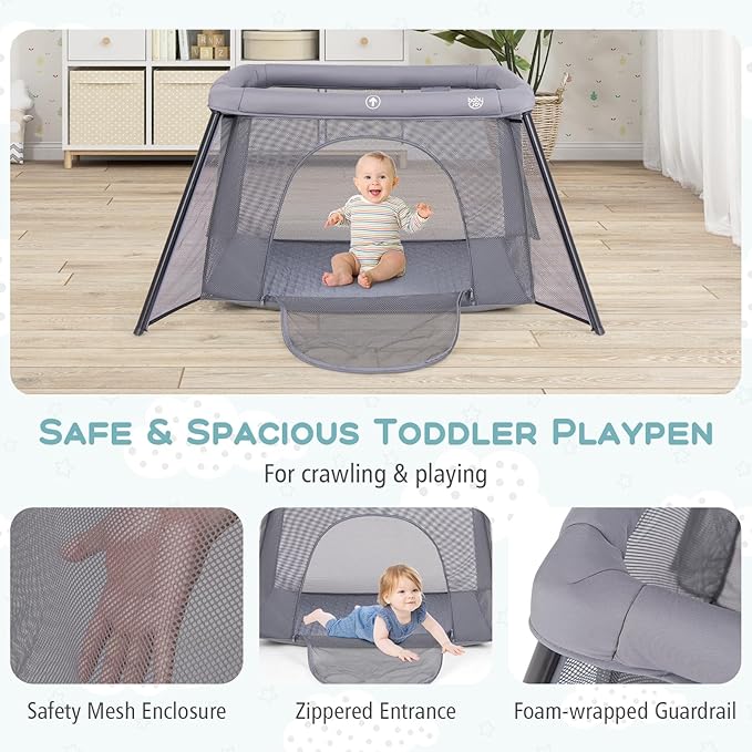 BABY JOY 2 in 1 Travel Crib, Portable Baby Playpen with Soft Washable Mattress, Foldable Pack and Play Lightweight Installation-Free Home Playard with Carry Bag, for Infants & Toddlers Indoor Outdoor