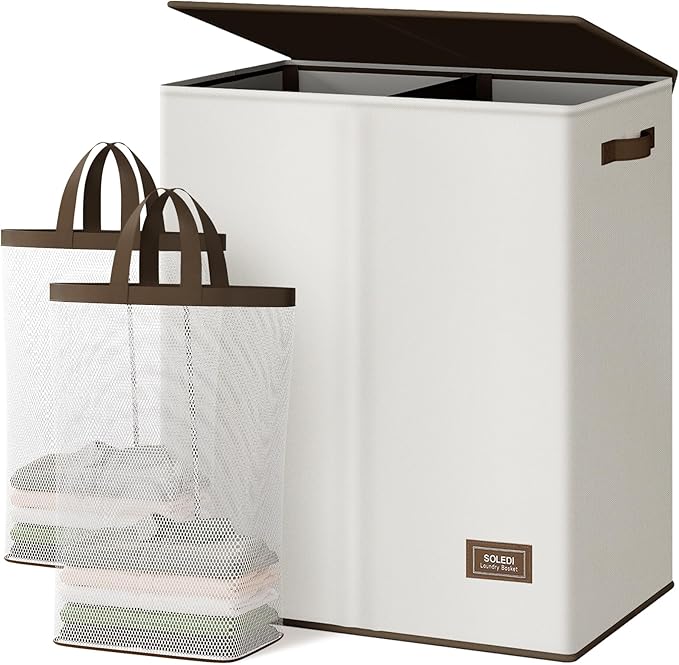 SOLEDI Luxury Double Laundry Hamper with Lid and Removable Bags, Large Hamper for Laundry, Laundry Basket 2 Sections, Collapsible Ditry Clothes Hamper for Bedroom, Laundry Room, Bathroom, Off-white