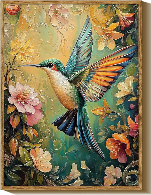 Djmwtb William Morris Framed Wall Art Flower Bird Canvas Wall Art Nature Art Wall Decor Vintage Hummingbird Pictures Paintings Colorful Botanical Artwork Prints for Bedroom Living Room 8x10in