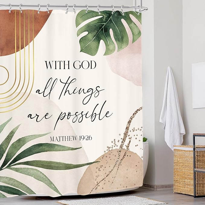 Glawry Boho Bible Verse Shower Curtain Inspirational Scriptures Quotes Abstract Tropical Palm Leaf Mid Century Bathroom Christian 72Wx72L Inches Bath Accessories Art Home Decor Fabric 12 Pack Hooks