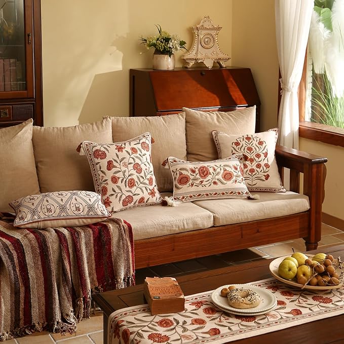 Design Linen Rectangle Vintage Throw Pillow Covers 12"x20" Pack of 2, Brick Red Cushion Covers with Orange Floral Green Leaves Pattern Decor Pillowcases for Bed,Living Room,Outdoor,Car