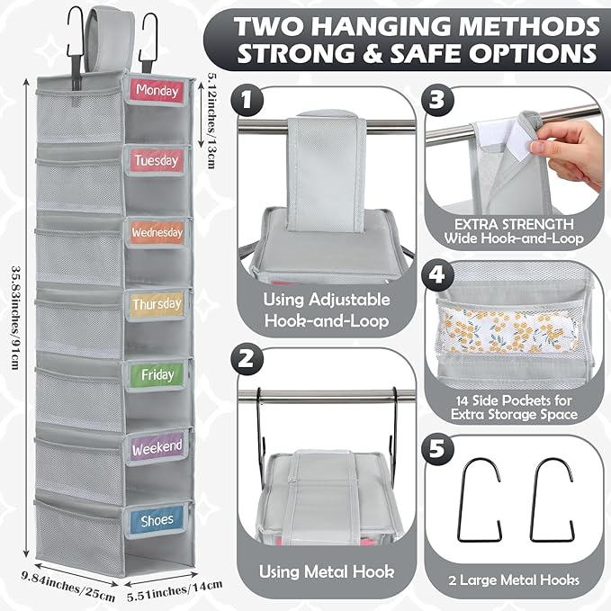 2 Pack 7 Shelf Weekly Clothes Organizer Hanging Closet for Kids with Side Pockets Weekday Shoes Rack Weekly Clothes Organizers Monday Through Weekend Foldable Storage Shelves(Gray)