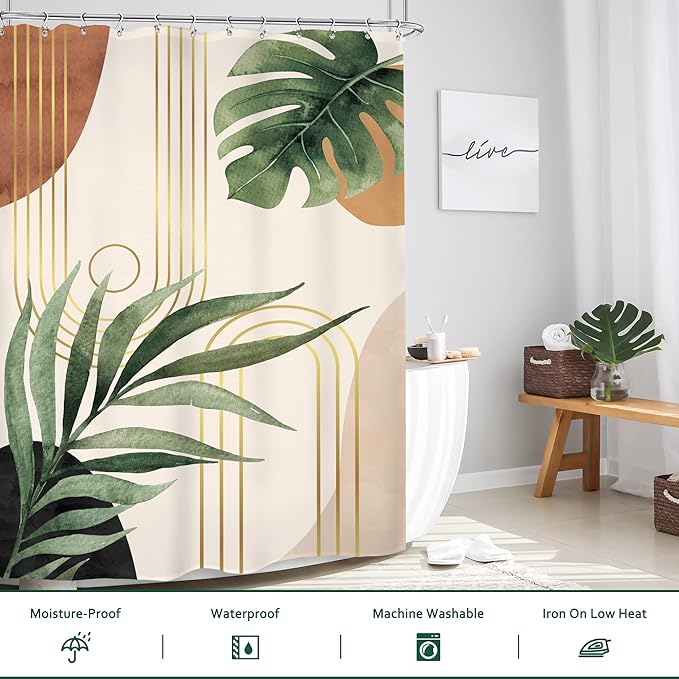 Glawry Standing Mid Century Shower Curtain 54Wx78L Inches Stall Narrow Cute Boho Tropical Boho Palm Leaf Abstract Botanical Plant Green Minimalist Bath Accessories Art Home Decor Fabric 12 Pack Hooks