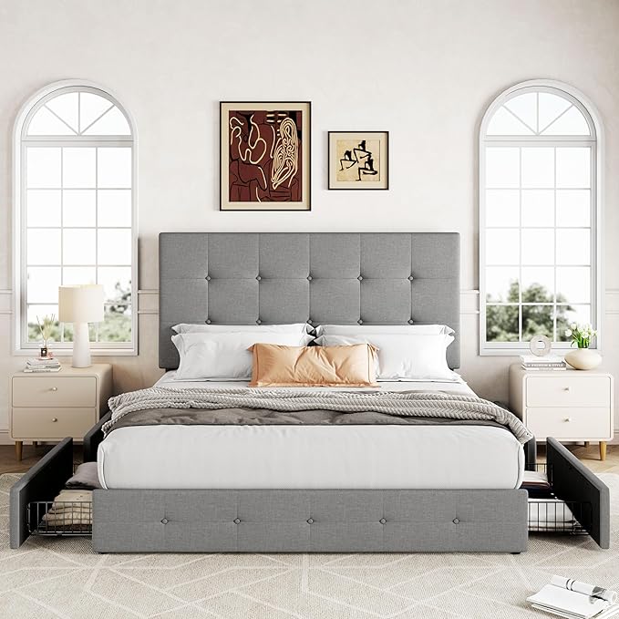 Allewie Upholstered Queen Size Platform Bed Frame with 4 Storage Drawers and Headboard, Square Stitched Button Tufted, Mattress Foundation with Wooden Slats Support, No Box Spring Needed, Light Grey
