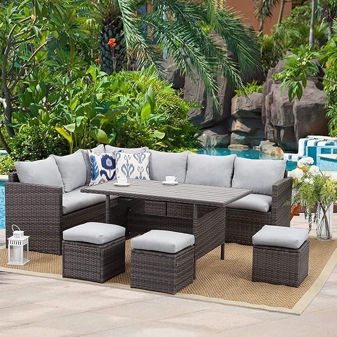 Wisteria Lane Outdoor Patio Furniture Set, 7 Piece Outdoor Dining Sectional Sofa with Dining Table and Chair, All Weather Wicker Conversation Set with Ottoman, Light Grey Cushion