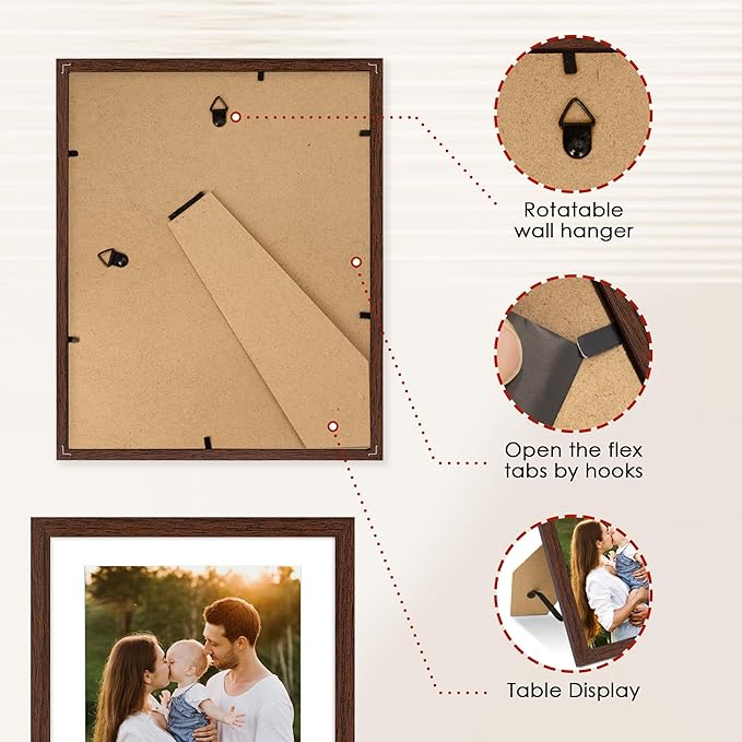 FIXSMITH 8x10 Picture Frame Bulk-6 Pack, Photo Frame with HD Plexiglass, Display Pictures 5x7 with Mat or 8x10 Without Mat, Brown Picture Frames Collage Wall Decor, Wall & Tabletop Picture Frames