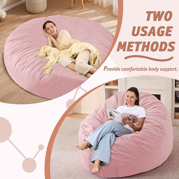 7FT Bean Bag Chair with Ultra Soft Velvet Cover Bean Bag Sofa with Memory Foam Bean Bag Chairs with Large Size Lazy Sofa for Dorm Office Living Room Bedroom Light Pink 7'