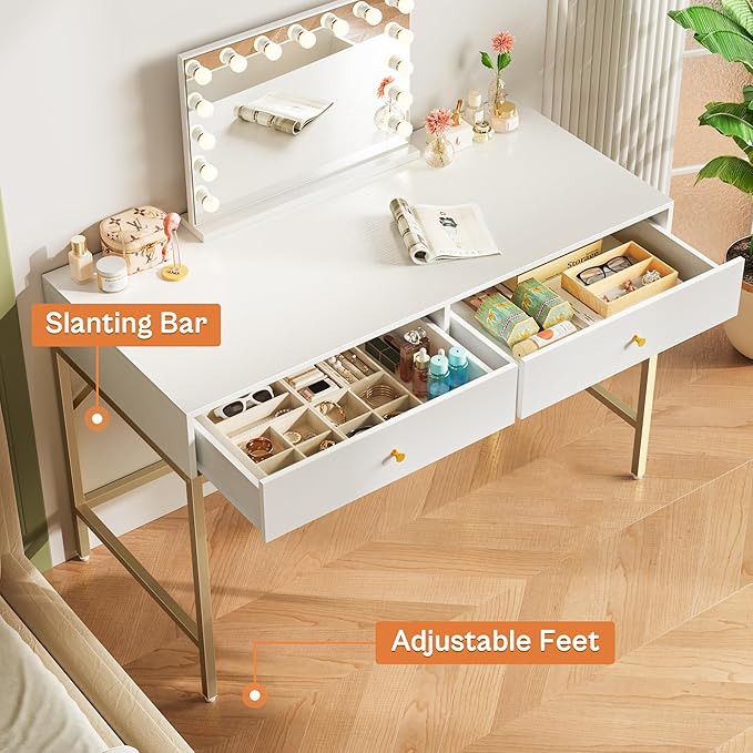 SUPERJARE Vanity Desk with Drawers, 47 inch Computer Desk, Modern Simple Home Office Desks, Makeup Dressing Table for Bedroom - White and Gold, 7997G