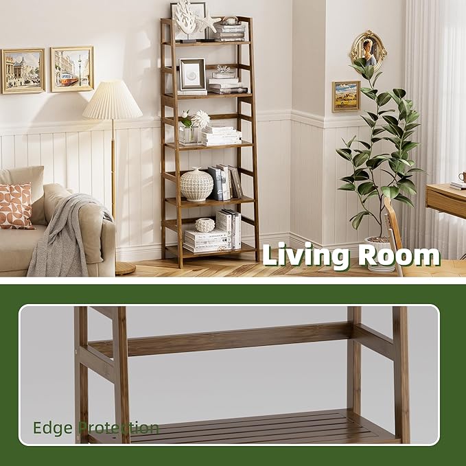 Ladder Shelf, 5-Tier Bookshelf, All Bamboo Heavy Duty Bookcase, Freestanding Open Wood Storage Rack, Modern Corner Display Plant Stand for Living Room, Home Office, Bathroom, Bedroom, Walnut