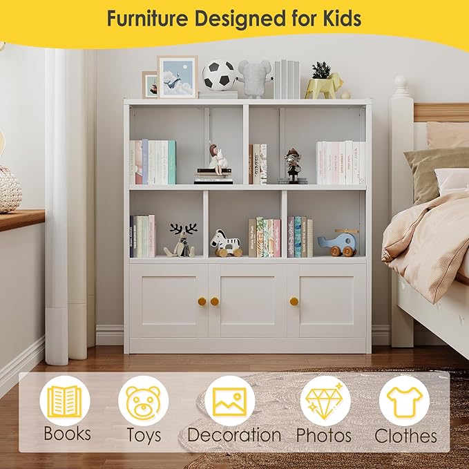 Toy Storage Organizer and Metal Kids Bookshelf with 3 Storage Cabinet and 5 Open Shelves, Multifunctional Display Shelf for Bedroom & Playroom, Ideal for Organizing Books, Toys & Decor, White