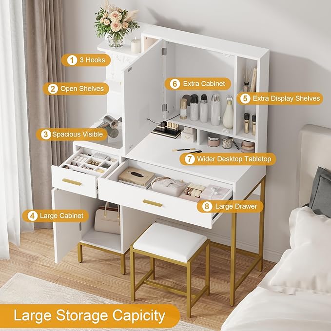 IDEALHOUSE Vanity Desk with Mirror and Lights, 42.5" Makeup Vanity Set with Stool, Makeup Table with Mirror Cabinet and Chair, Drawers & Shelves, Dressing Table with Outlet for Bedroom, White