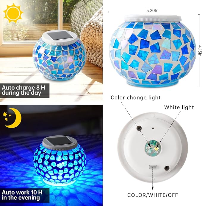 Color Changing Solar Powered Glass Mosaic Ball Led Garden Lights Rechargeable Outdoor Waterproof Solar Night Lights Table Lamps for Decorations Blue