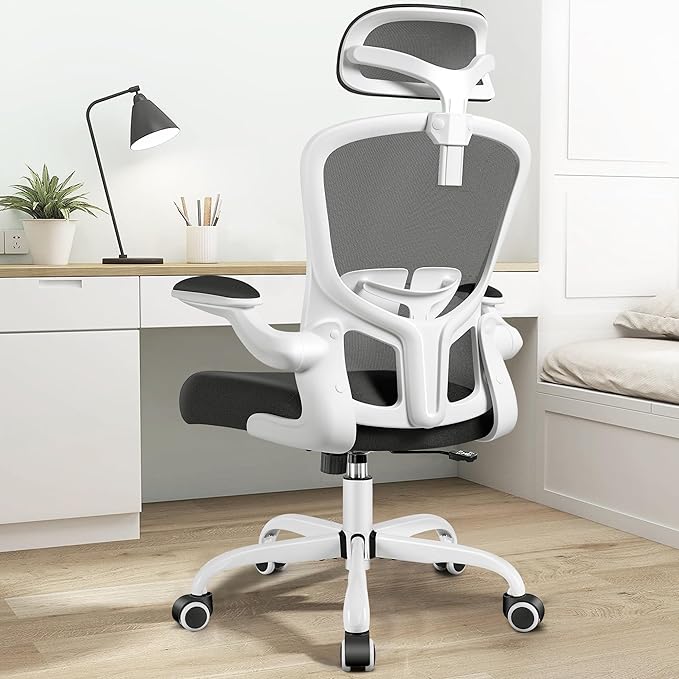 FelixKing Office Chair with Headrest, Home Office Desk Chairs with Flip-Up Armrests, Adjustable Height Ergonomic Office Chair Lumbar Support, Mesh Backrest Computer Chair (White)