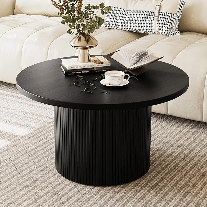 Black Round Coffee Table with Metal Frame, 35" Coffee Tables for Living Room, Circle Wood Accent Center Table for Apartment