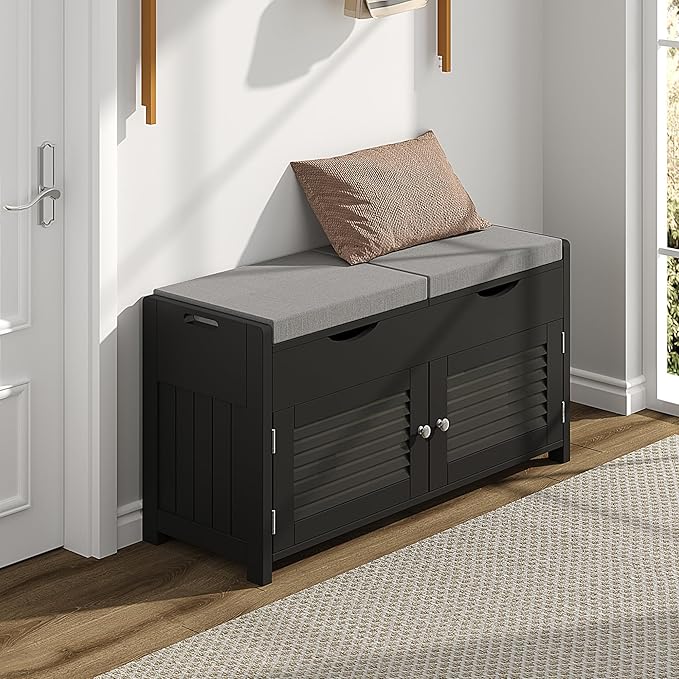 ChooChoo Shoe Storage Bench with Lift Top Storage, Entryway Bench with 2 Cushioned Seats, 3 Compartments, Adjustable Shelf, Shoe Cabinet for Entryway, Bedroom, Living Room, Black