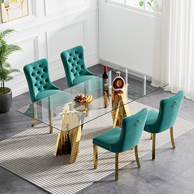Goujxcy Modern 5 Piece Glass Dining Table Set Luxury Glass Kitchen Table and Chair Set for 4, 70" Large Rectangular Dining Room Table with 4 Tufted Chairs and Stainless Steel Legs (Gold & Green)