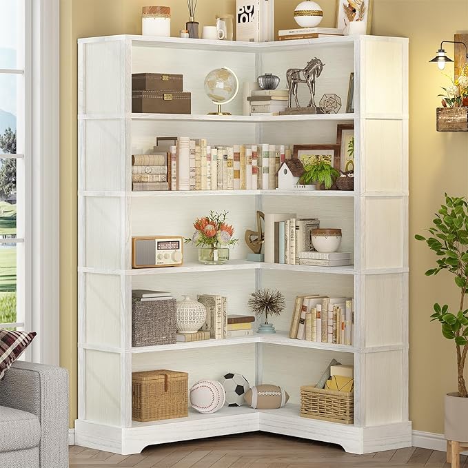 TVU Wood Corner Book Shelf, 5 Tier 65 Inch Tall Bookshelf with Storage, Floor Standing Display Book Shelf for Living Room, Kitchen, Home Office, Antique White