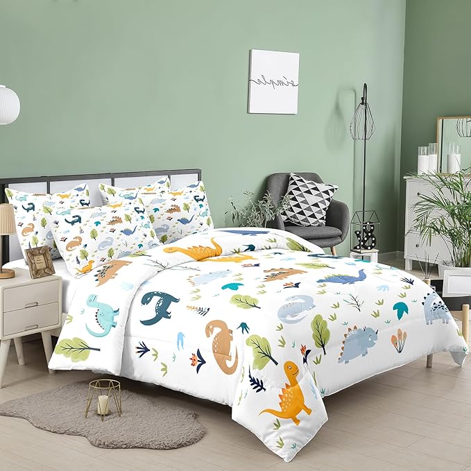 Tailor Shop Queen Dinosaur Kids Bedding Set for Boys, Queen Dinosaur Kids Comforter Sets for Boys, 3 Pieces Soft Lightweight for All Seasons