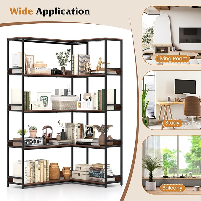 Tangkula Large Corner Bookshelf, 90 Degrees 5-Tier Industrial Wood Open Corner Bookcase for Small Spaces, Heavy-Duty Metal Frame, 71”H L-Shaped Storage Display Rack for Living Room (Walnut)