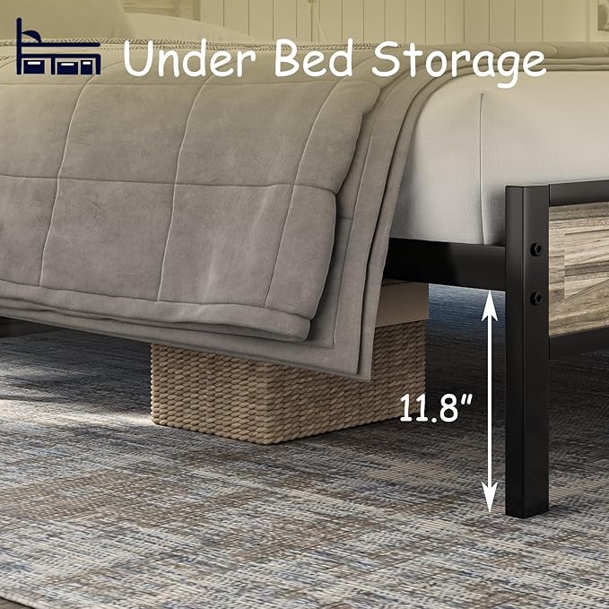 Twin Bed Frame with Charging Station and LED Lights, Twin Size Metal Platform Bed Frame with Storage and Rustic Barn Door Headboard, Heavy Duty Steel Slats Support, No Box Spring Needed, Wash Grey