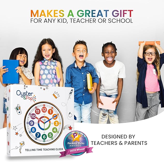 Oyster&Pop Learning Clock for Kids - Silent Telling The Time Teaching Clocks - Non-Ticking Kids Clocks for Bedrooms - Classroom Clocks for Teaching Time - Kids Learn to Tell Time Easily
