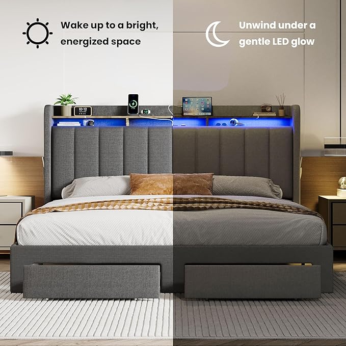 SHA CERLIN King Size Platform Bed Frame with Vertical Channel Tufted Wingback Headboard & 2 Storage Drawers/2-Tier Shelves with LED Lights & Charging Station/Noise-Free/No Box Spring Needed/Dark Grey