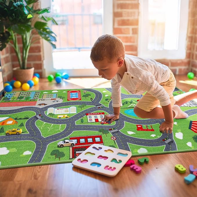 BEQHAUSE Kids Play Mat, Green City Traffic Road Kids Room Rug Great for Playing with Cars, 32”x60” Play Area Rug Car Rugs for Children's Bedroom, Toddler Classroom and Baby Playroom