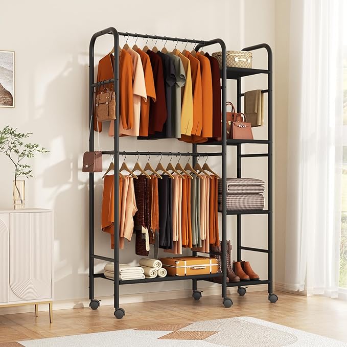Portable Closets For Hanging Clothes,Wardrobe Closet Racks For Hanging Clothes,Sturdy Clothes Rack Heavy Duty,4-Tier Metal Freestanding Clothing Racks With Shelves, 45" X 16" X 69"