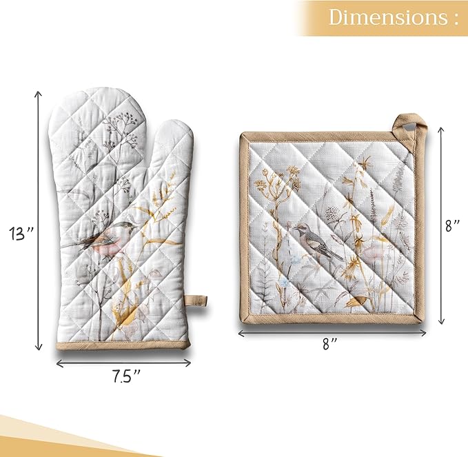 Maison d' Hermine 100% Cotton Oven Mitt & Pot Holder Set (7.5"x13" & 8"x8") Heat Resistant BBQ Cooking Gloves with Loop, Grilling, Kitchen, Handling Hot Pans Spring/Summer (Meadow Florals - Beige)
