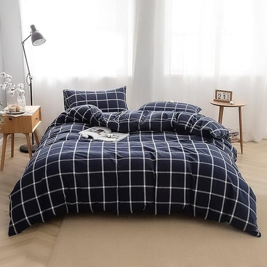 FACE TWO FACE Bedding Duvet Cover Set 3 Pieces 100% Washed Cotton Duvet Cover Linen Like Textured Breathable Durable Soft Comfy (King, Dark Blue Grid)