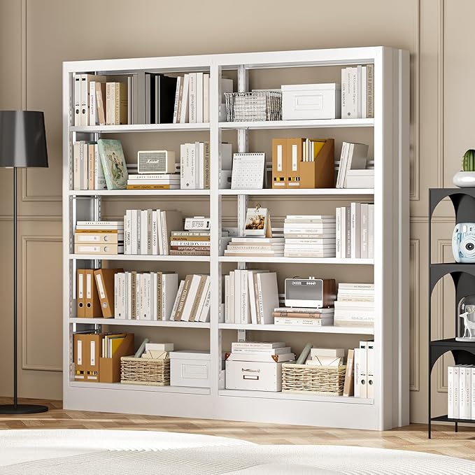 71" Metal Book Shelf, 5 Tier Bookshelf with Adjustable Shelves, Bookshleves and Bookcases, Heavy Duty Library Book Case, Expandable Combination Bookshelf (White, 72.8" W)