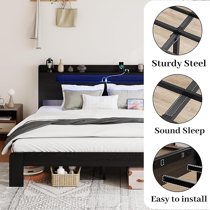 Wooden Queen Size Bed Frame with Storage Headboard, Farmhouse Platform Bedframe with Charging Station & Led Lights, Sturdy Wood Slat Framework, Easy Assembly (Rustic Black)