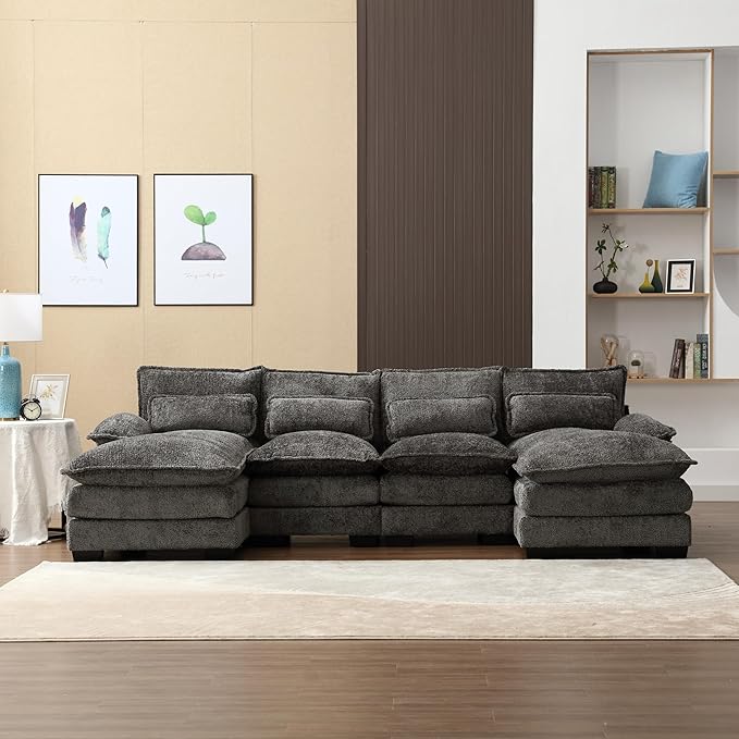 KEIKI 111" L-Shaped Chenille Modular Sectional Chenille Sofa with 2 Chaise Lounge & Memory Foam Cushion, Upholstered Modern Oversized 4-Seater Couch, Easy Assembly, for Apartment, Living Room, Gray
