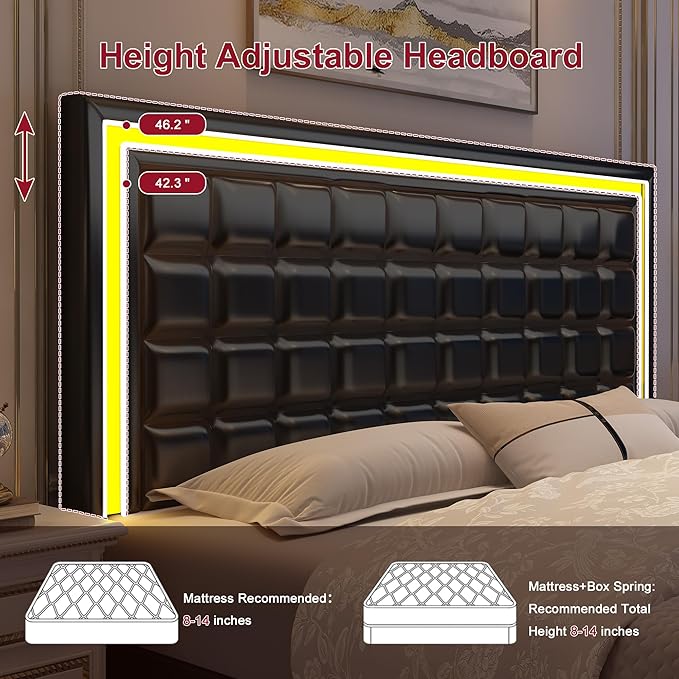 Queen Bed Frame with LED Lights & Storage Drawers, No Box Spring Needed, Heavy Duty 900lbs Weight Capacity, Easy Assembly, Modern Upholstered Platform Bed, PU Black