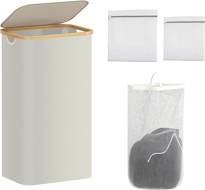 100L Laundry Hamper with Lid,Collapsible Laundry Basket, Dirty Clothes Basket, Storage Case with Bamboo Support - Handles - Removable Inner Bag - 2x Washing Mesh Bags for Bedroom Dorm Bathroom (Beige)