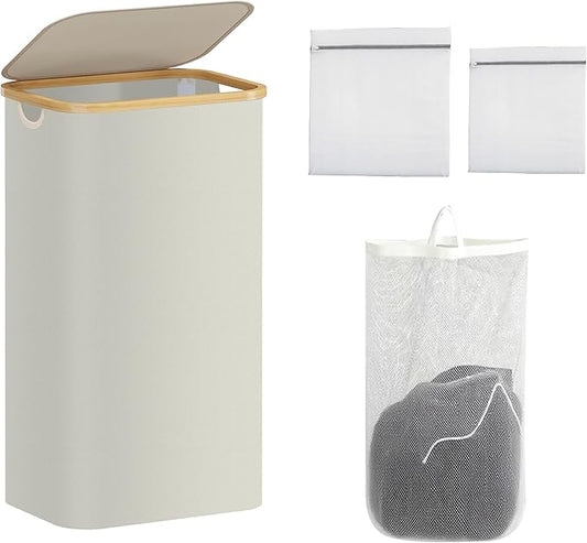 100L Laundry Hamper with Lid,Collapsible Laundry Basket, Dirty Clothes Basket, Storage Case with Bamboo Support - Handles - Removable Inner Bag - 2x Washing Mesh Bags for Bedroom Dorm Bathroom (Beige)
