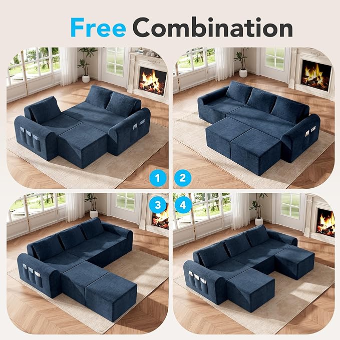 86.6” Cloud Boneless Sectional Sofa for Living Room, 3-Seater Modular Couch for Small Apartments with 2 Ottomans, Deep Seat Chenille Fabric Sofa, No Assembly Required, 72H Full Restore, Blue