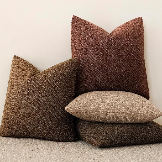 Foindtower Pack of 2 Textured Boucle Throw Pillow Covers Accent Solid Pillow Cases Cozy Soft Decorative Couch Cushion Case for Chair Sofa Bedroom Living Room Home Decor 18x18 Inch Hazel Brown