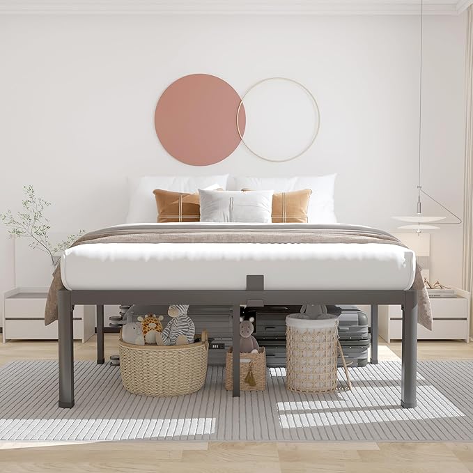 ROIL 18 Inch California King Bed Frame with Rounded Corner and Headboard Hole Mattress Retainers 3500LBS Metal Heavy Duty Steel Slats No Box Spring Needed Platform Noise-Free Easy Assembly