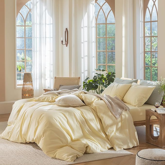 MooMee Bedding Duvet Cover Set 100% Washed Cotton Linen Like Textured Breathable Durable Soft Comfy (Heathered Butter Yellow, Super King 108"x98")