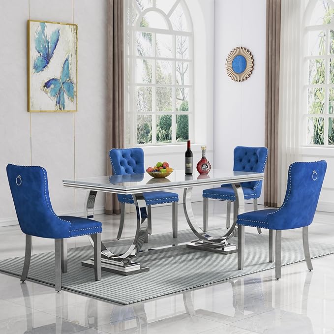 Goujxcy 5 Piece Marble Dining Table Set for 4, Luxury White Marble Silver Kitchen Table with 4 Blue Velvet Upholstered Chairs, Modern 4 Person Dining Room Table Set for Kicken Dining Office Room