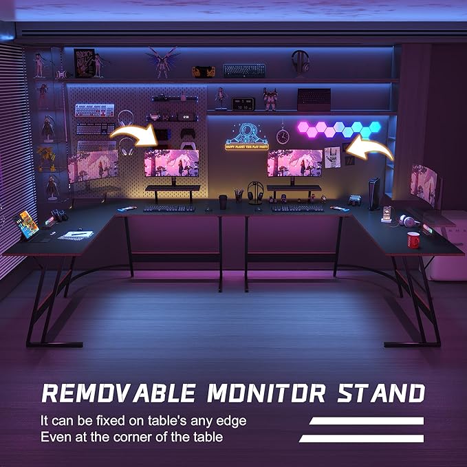 Homall L Shaped Gaming Desk Computer Corner Desk PC Gaming Desk Table with Large Monitor Riser Stand for Home Office Sturdy Writing Workstation (Black, 66 Inch)